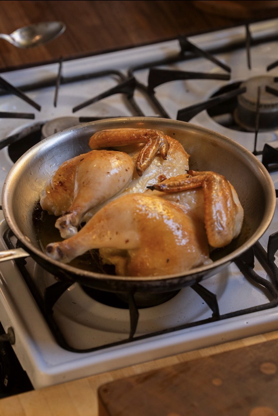 Pan-seared chicken thighs finishing in brown butter