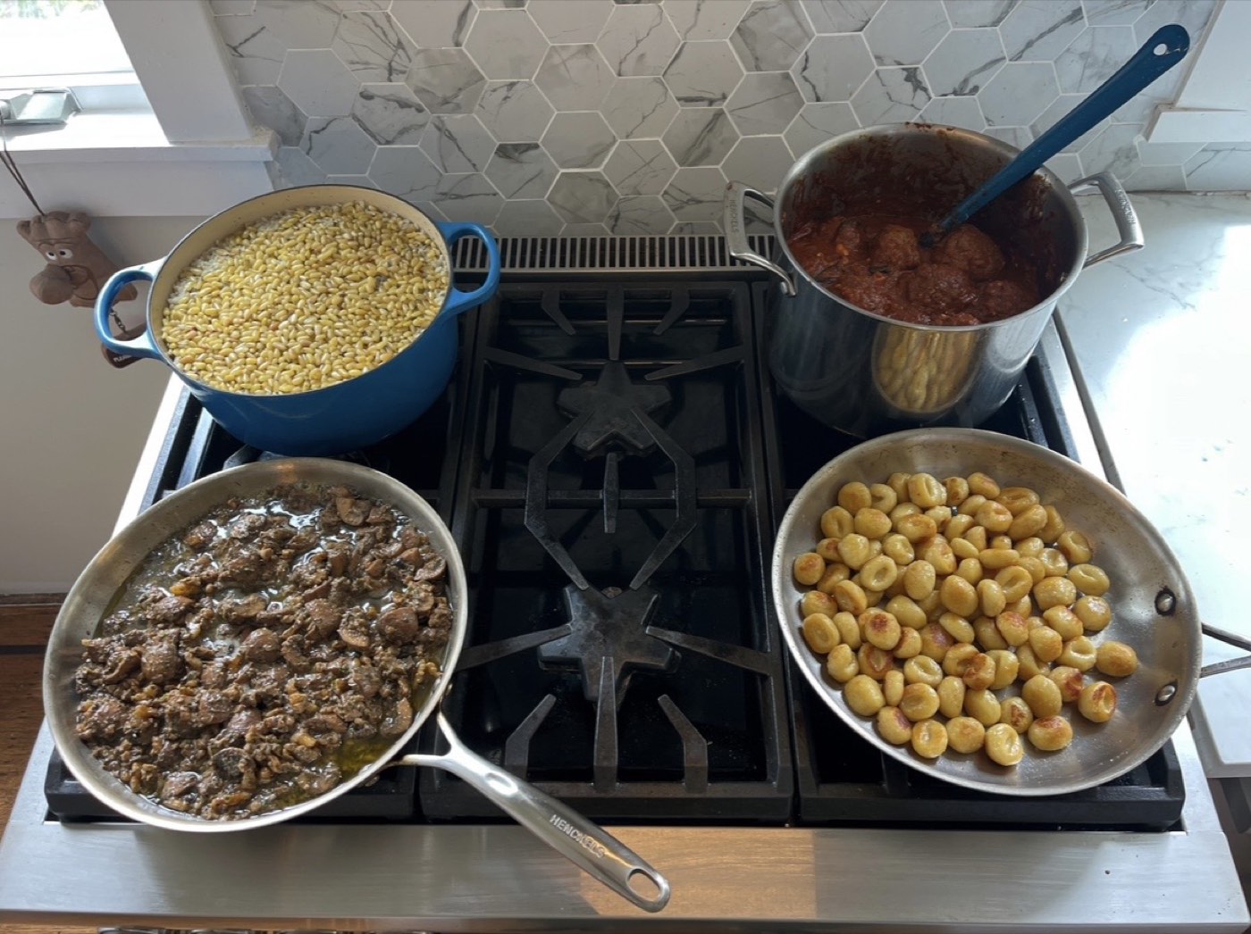 Stovetop meal prep with farro, meatballs, and saut&eacute;ed mushrooms