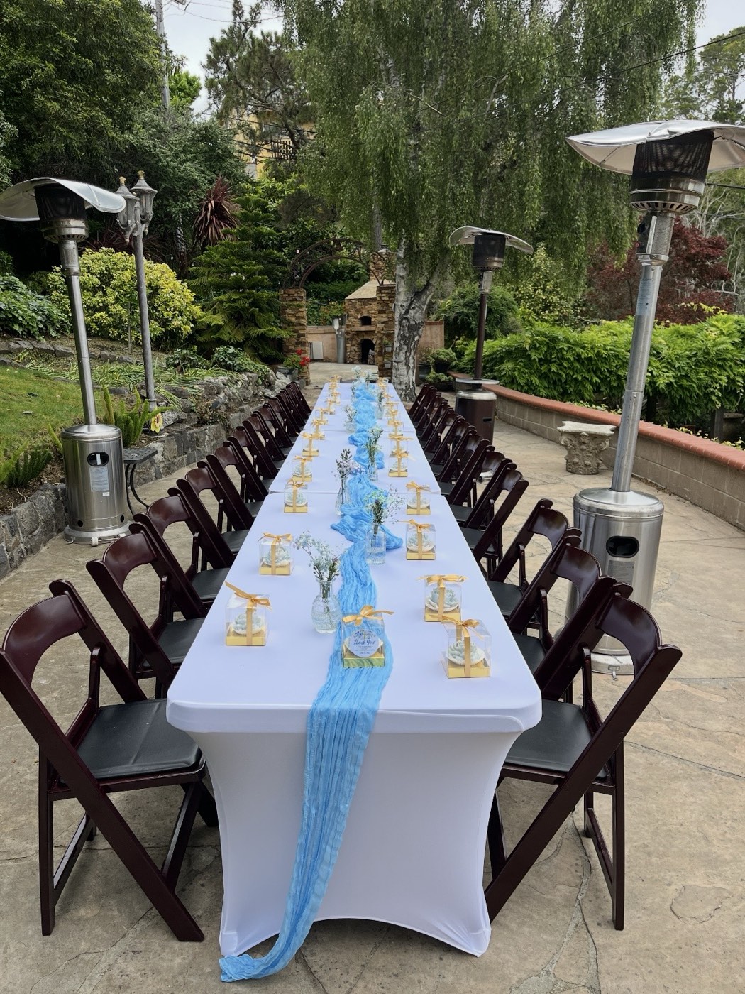 Long outdoor table set for a celebration